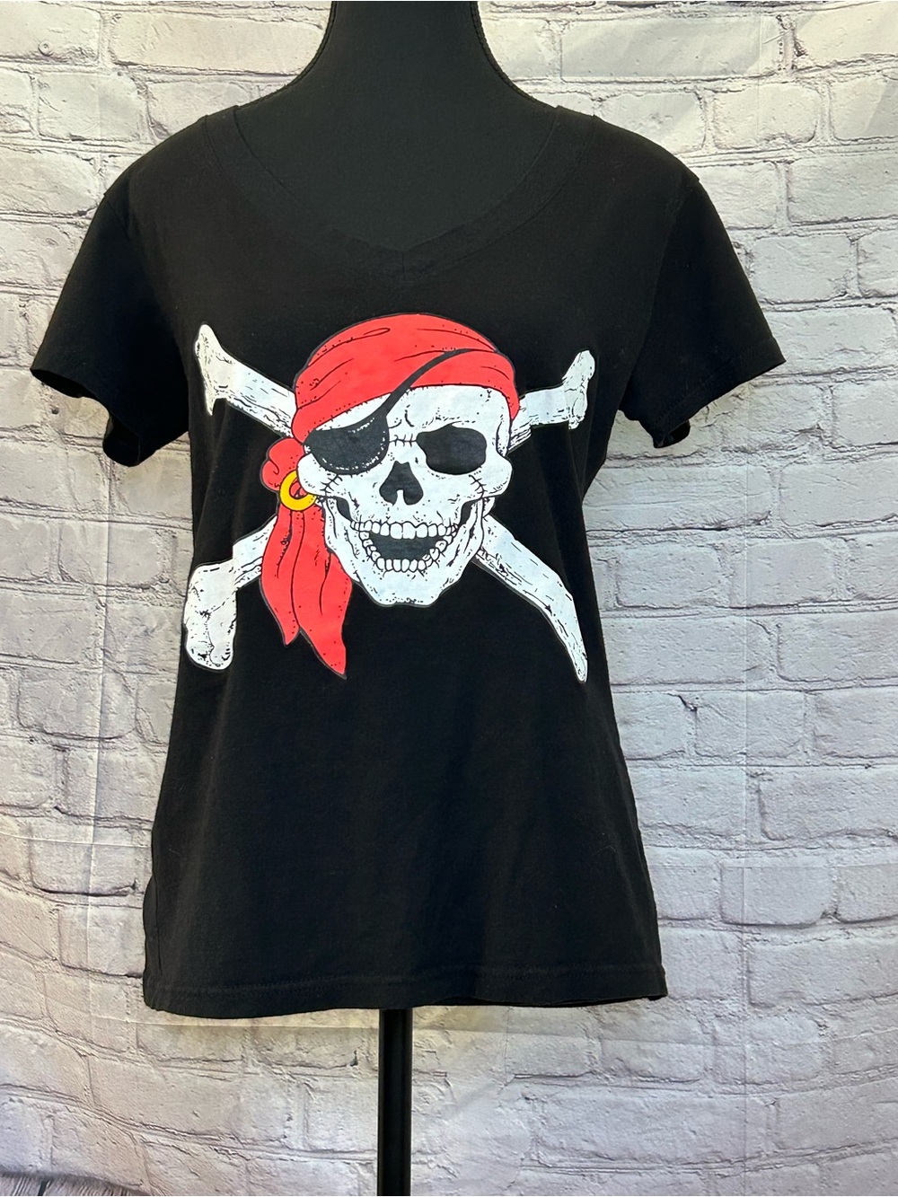 Skull & Crossbones Graphic Tee - Black with Red Bandana